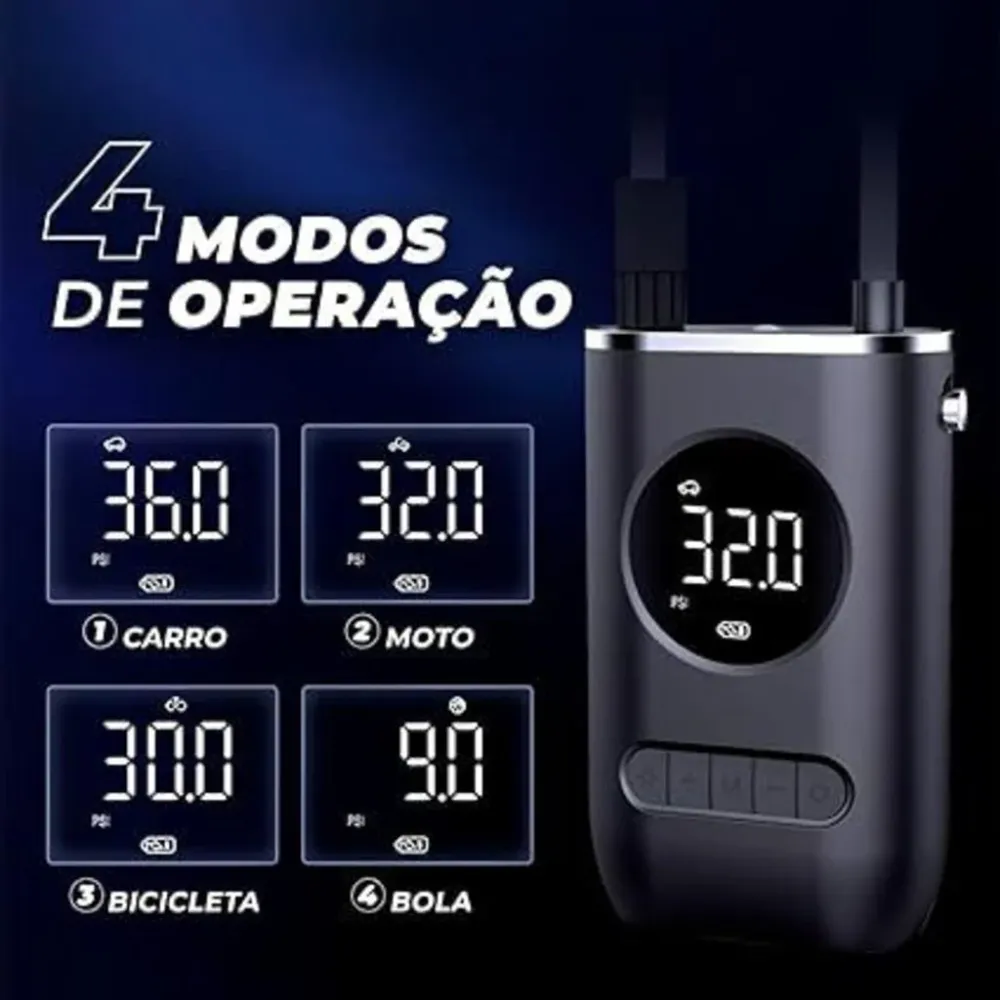 Mini Compressor Portátil Recarregável 12V - Enche Pneu de Carro, Bicicleta e Bola