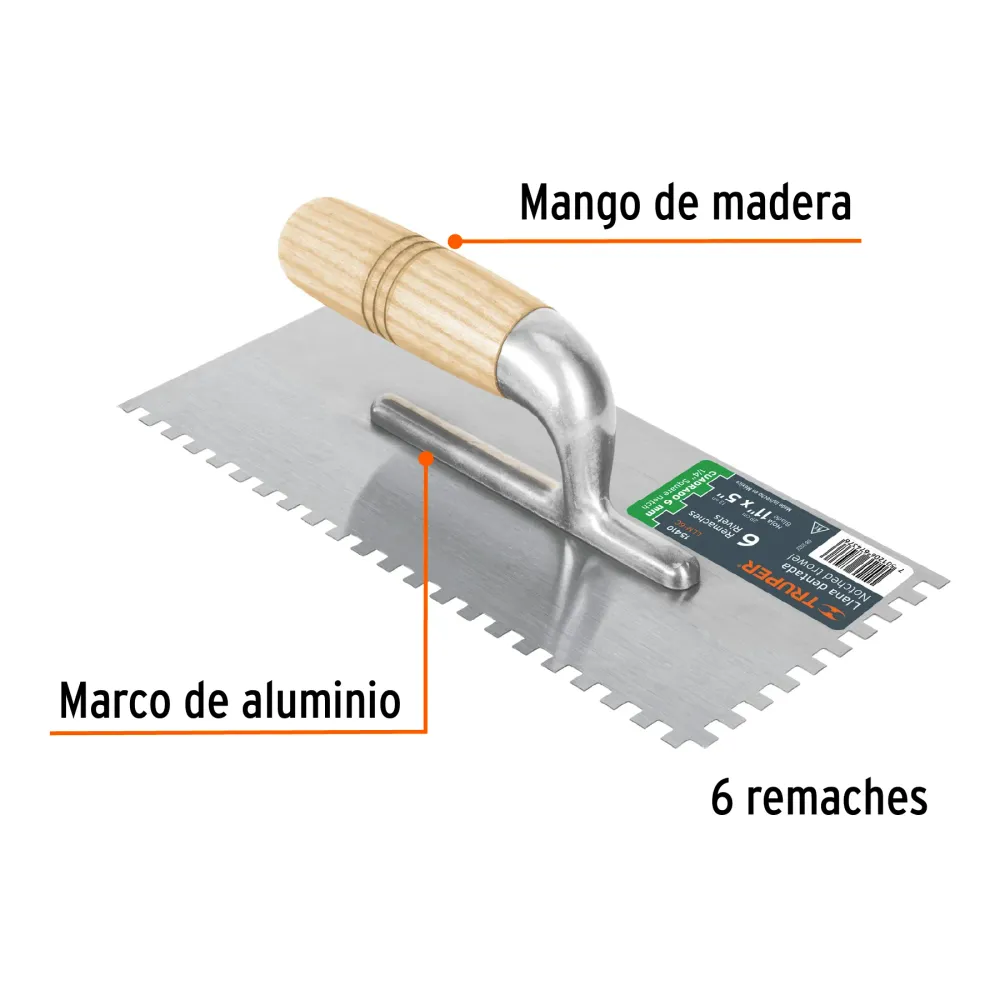 Llana 11" x 5" Mango de Madera 6 Remaches Dentado Truper Cuadrado
