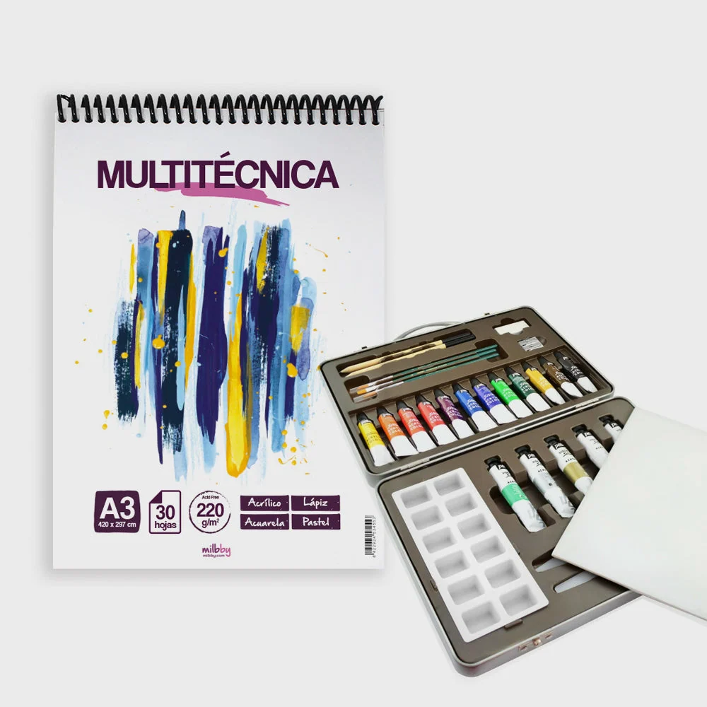 Estojo de pintura Studio Acrílicos Pebeo + bloco multitécnico A3 Milbby