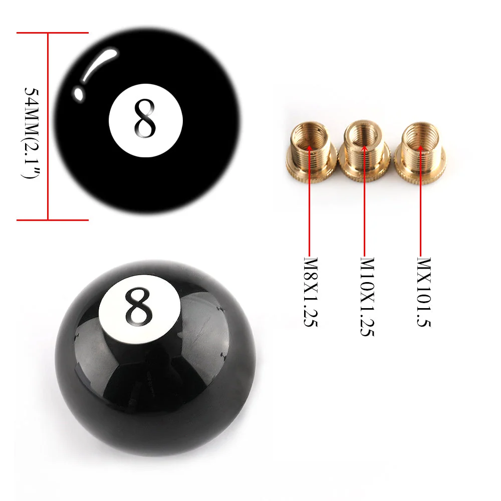 Universal No.8 Billiard Ball Gear Shifter Black Round Shift Knob com 3 adaptadores genéricos