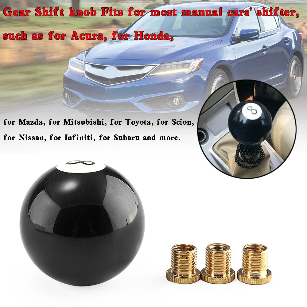 Universal No.8 Billiard Ball Gear Shifter Black Round Shift Knob com 3 adaptadores genéricos