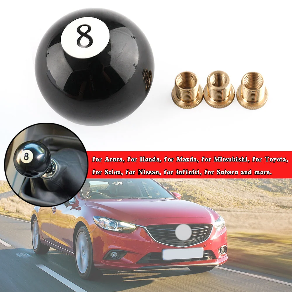 Universal No.8 Billiard Ball Gear Shifter Black Round Shift Knob com 3 adaptadores genéricos