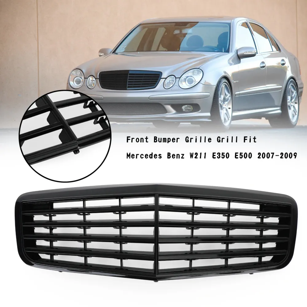 2007 2008 2009 Mercedes Benz W211 Grade do para-choque dianteiro E350 E500 E63 AMG Preto brilhante