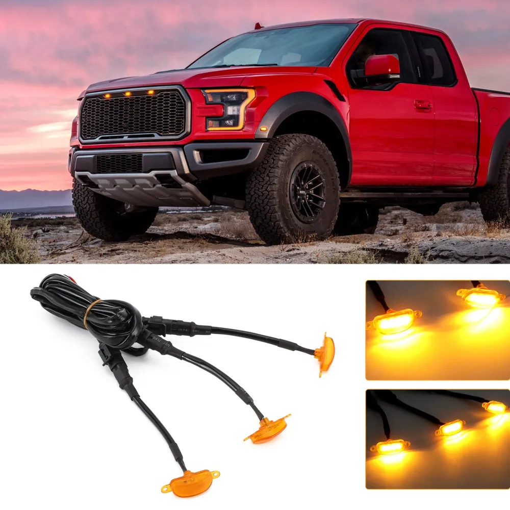 3pcs lente âmbar âmbar lâmpada lâmpada Raptor Front Grille Running Light Fit Ford F-150 genérico