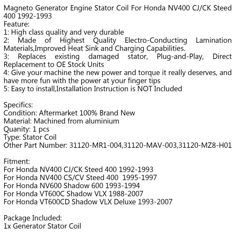 Bobina do estator gerador para Honda NV600 Shadow 600 (93-94) VT600C Shadow VLX (88-07) genérico