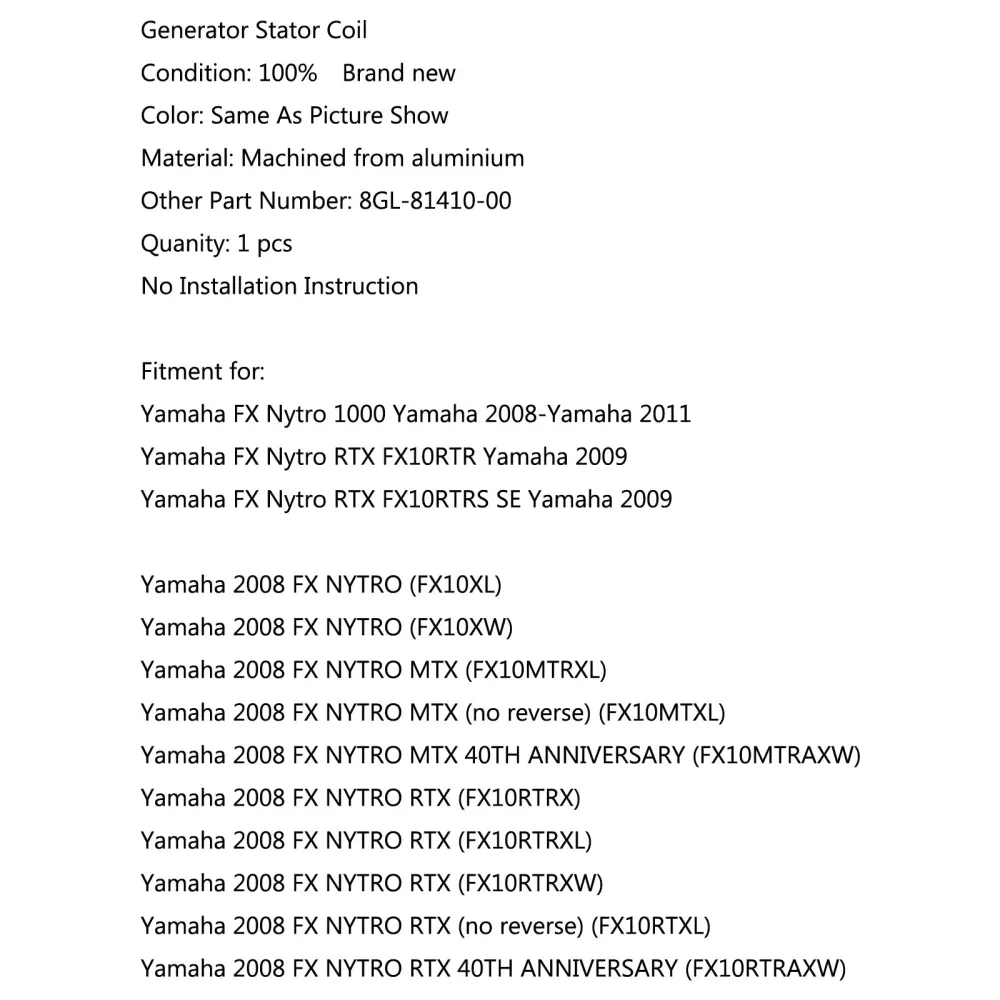 Bobina do estator gerador para Yamaha (2011) FX Nytro (FX10AW) FX Nytro RTX FX10RTR (2009) genérico