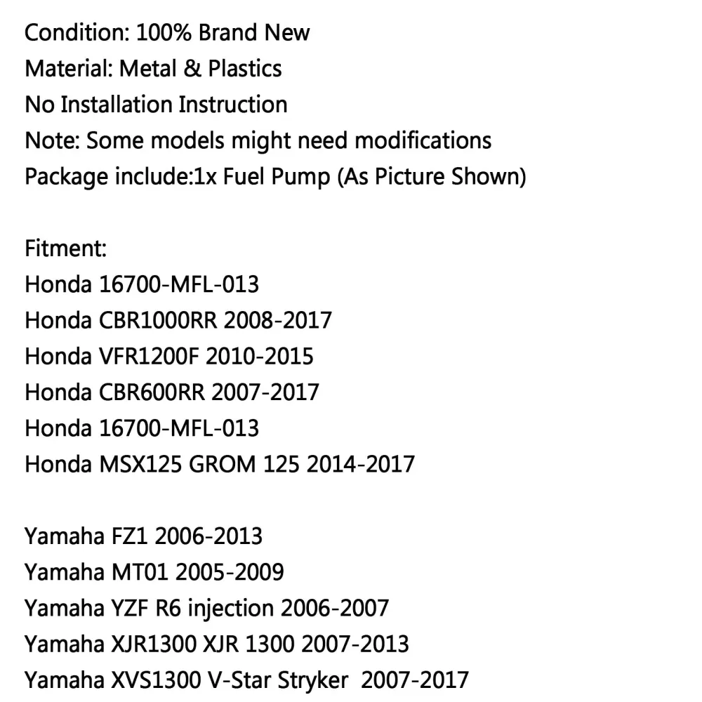 Bomba de combustível Intank para Honda 16700-MFL-013 CBR600RR VFR1200F CBR1000RR MSX125 GENERIC