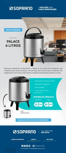 Botijão Térmico Soprano Palace 6 Litros ço Inox C/ Torneira