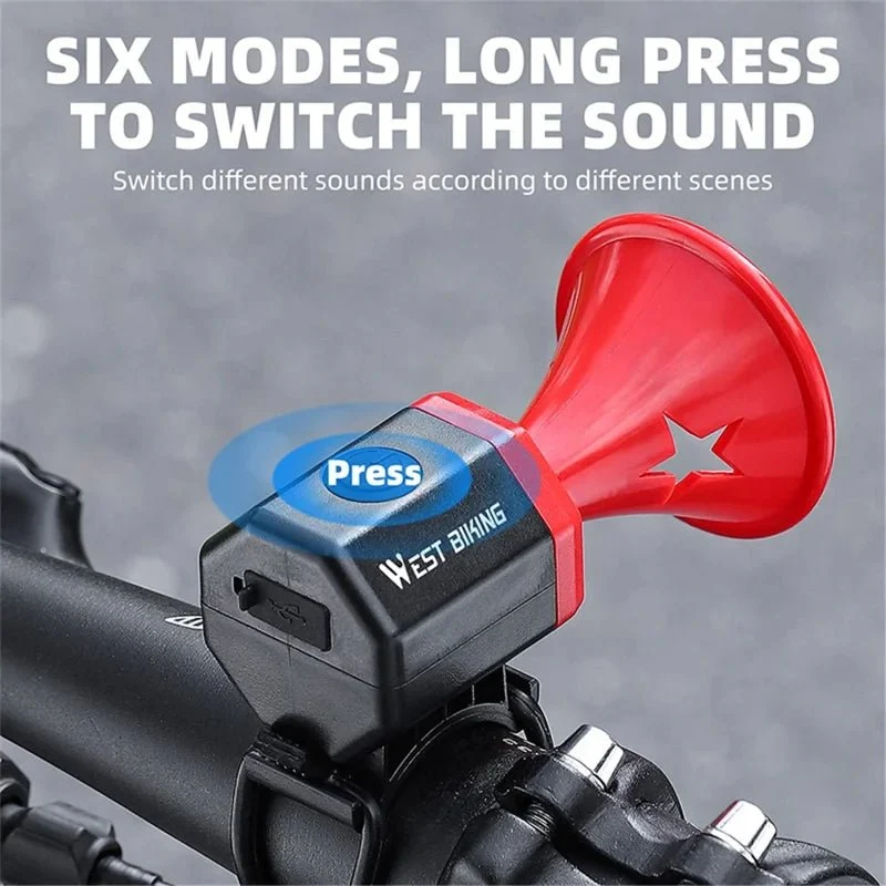 Campainha de bicicleta com som de aviso de 90 dB recarregável por USB