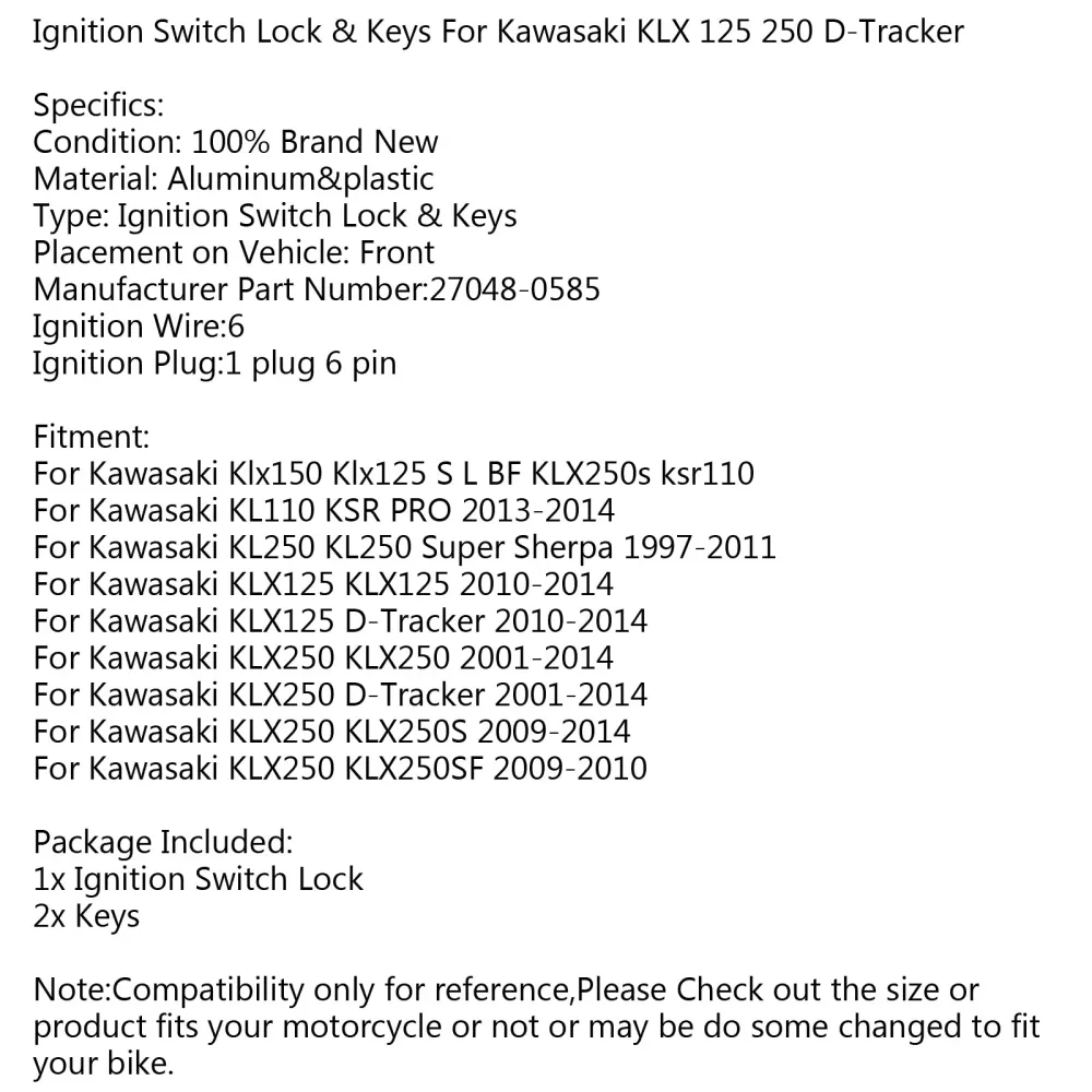 Chave de trava de ignição para kawasaki kl110 ksr pro 13-14 klx250 klx125 genérico