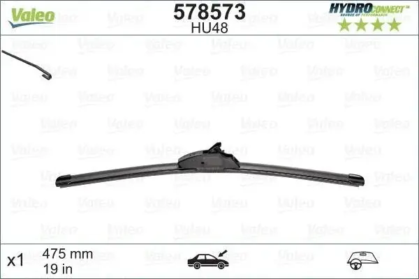 Escova do Limpa-vidros VALEO HYDROCONNECT 578573 – 475 mm, Plana, com Adaptador Pré-montado