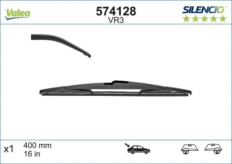 Escova Traseira VALEO SILENCIO 574128 – 400 mm, Padrão, com Adaptador Pré-montado