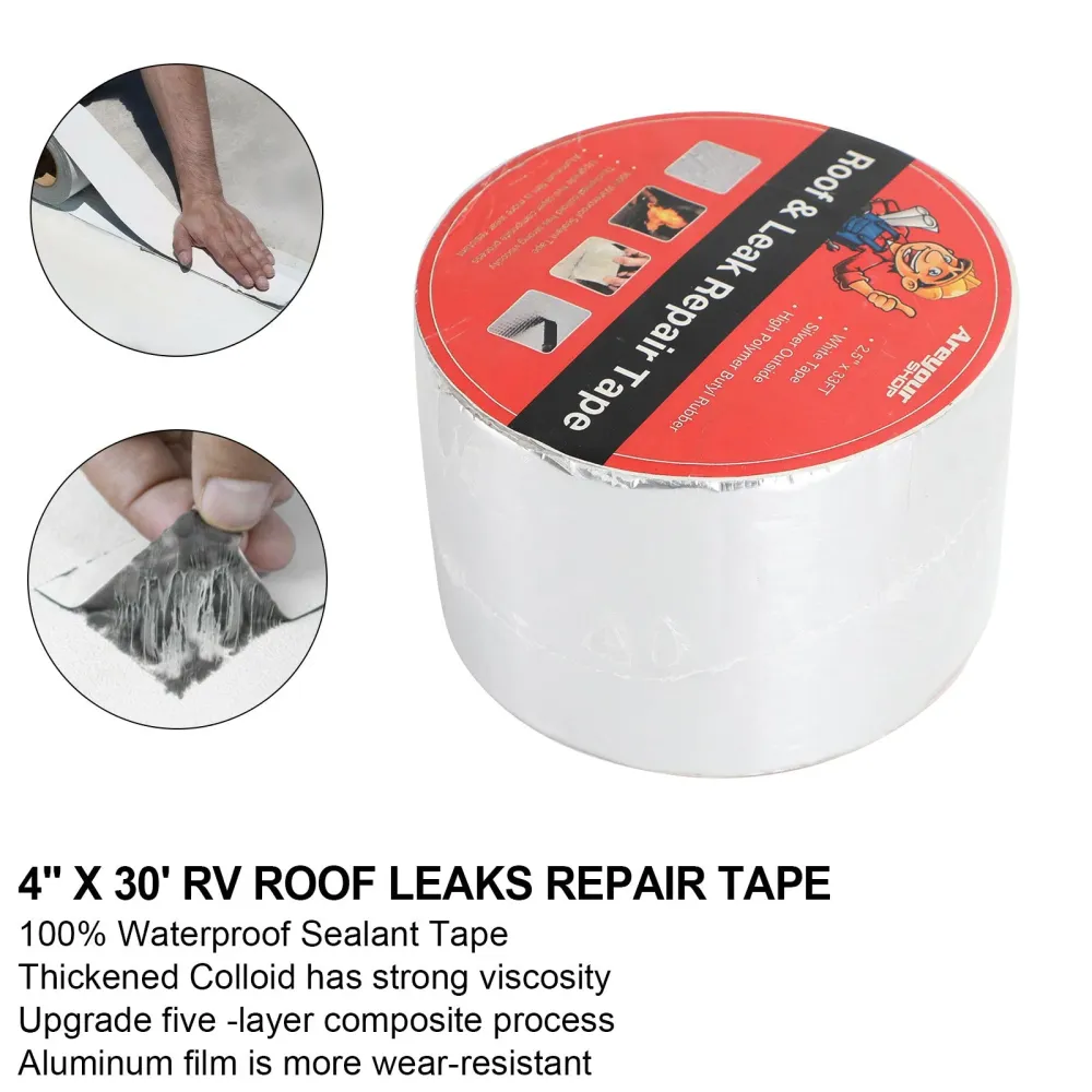 4" Fita selante para RV x 30' à prova d'água UV para reparo de vazamentos em telhados, fita selante pegajosa prateada