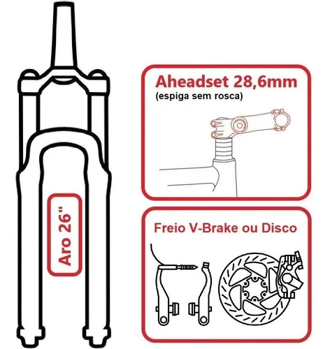 Garfo Suspensão Amortecedor Bike Aro 26 Disco ço Aheadset