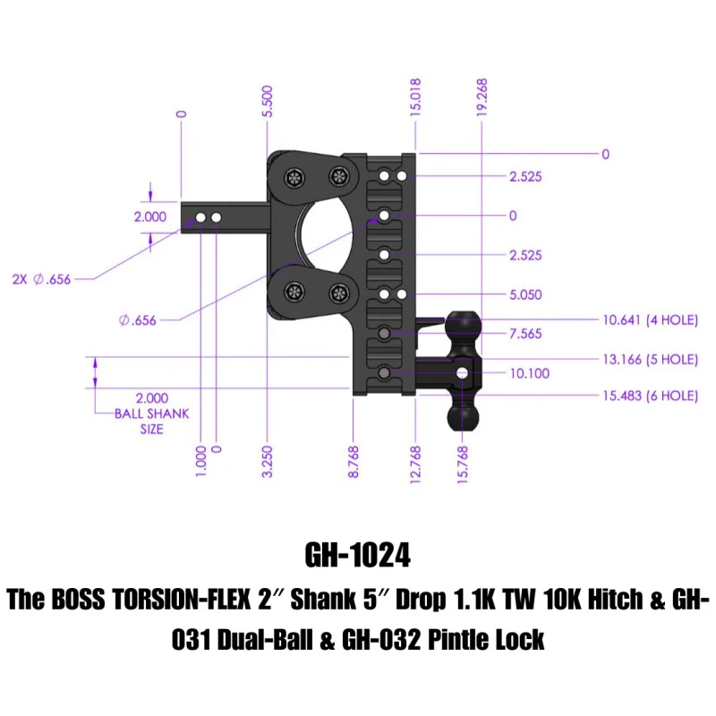 Gen-Y Boss Torsion-Flex 2in Shank 5in Drop 10K Hitch w/GH-031 Dual-Ball/GH-032 Pintle Lock