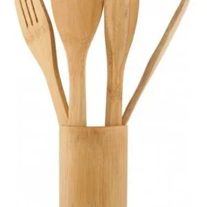 Jogo De Porta Talheres + Colher De Bambu (pau) 5 Pc Cozinha