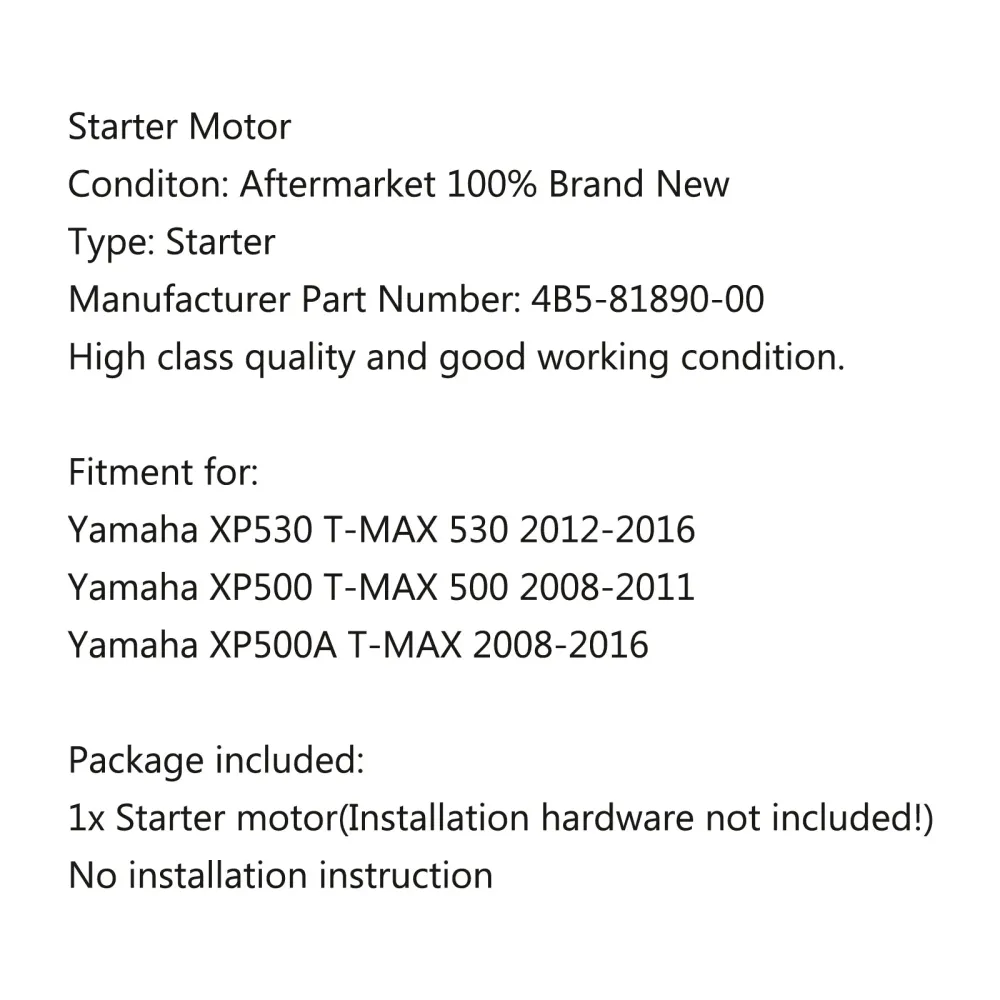 Motor de partida para Yamaha XP530 T-MAX 530 2012-2016 XP500 T-MAX 500 2008-2011 genérico
