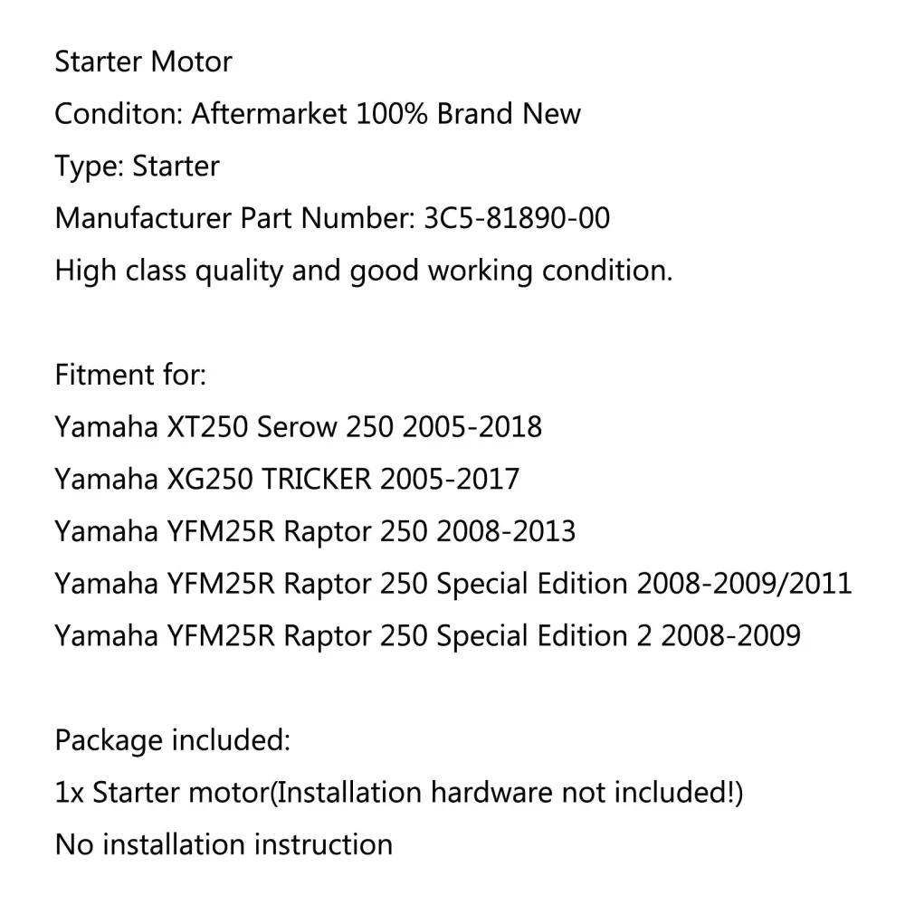 Motor de partida para Yamaha YFM25R Raptor 250 2008-2013 Edição Especial 2 2008-2009 genérico
