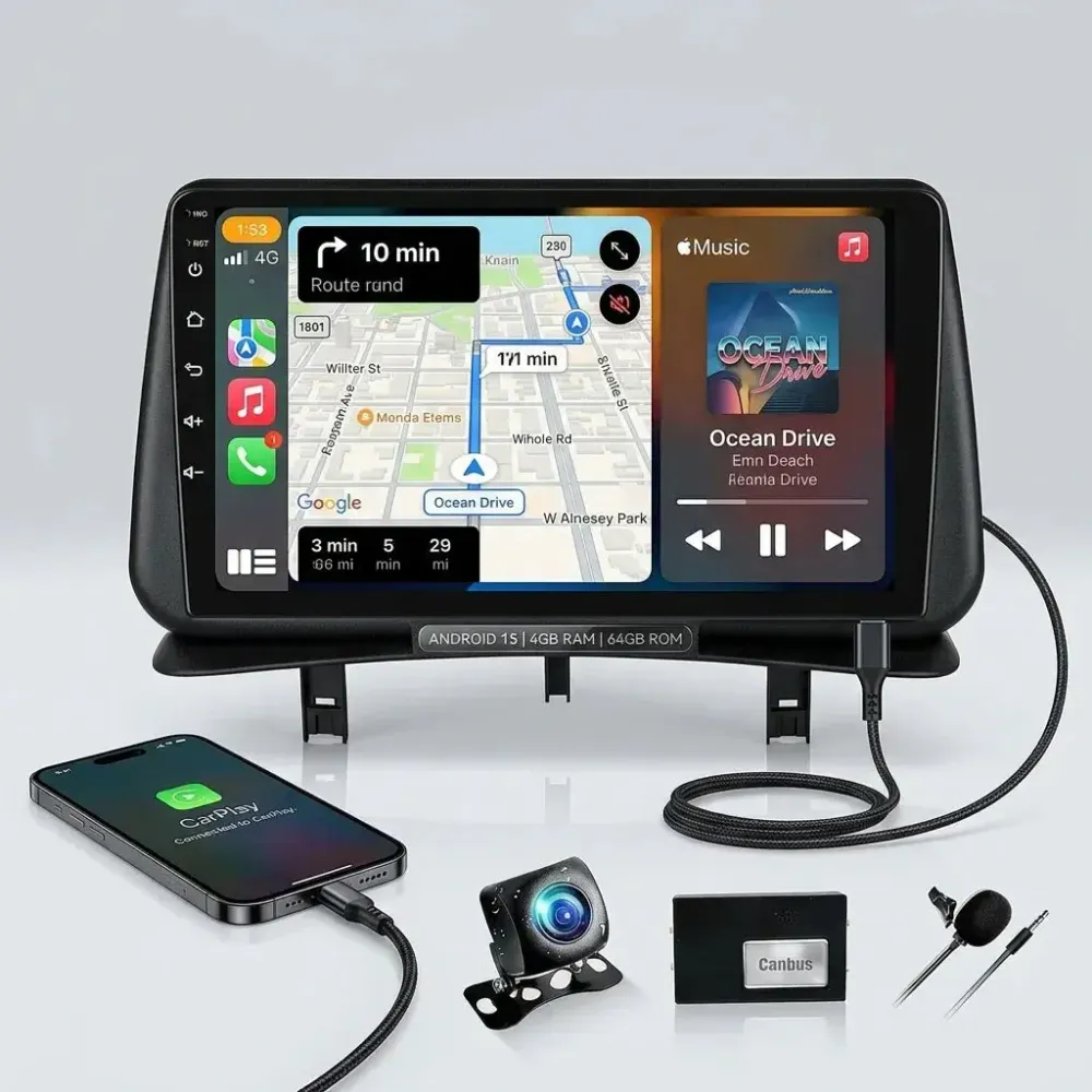 Rádio Android 13 BKAP D1P7H 4+64G – Renault Clio 3 (2005-2014) | 9” Ecrã Tátil | CarPlay & Android Auto | Câmara Traseira
