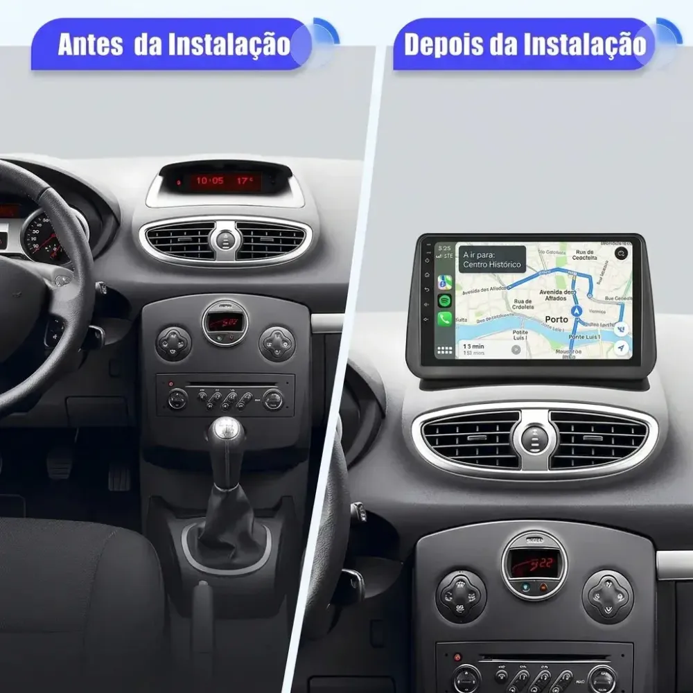 Rádio Android 13 BKAP D1P7H 4+64G – Renault Clio 3 (2005-2014) | 9” Ecrã Tátil | CarPlay & Android Auto | Câmara Traseira