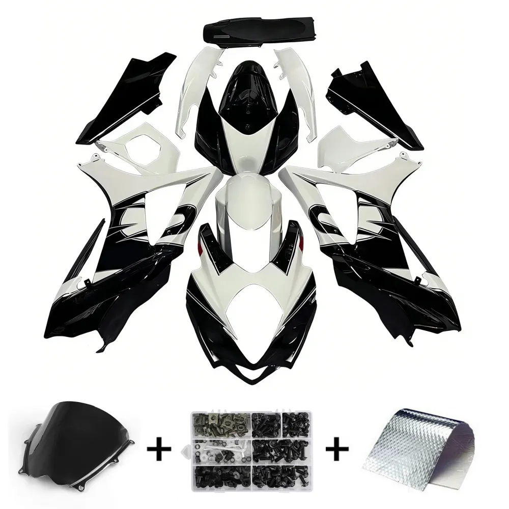 Suzuki GSXR 1000 Preta 2007-2008 & Carenagens de corrida brancas GSXR genéricas