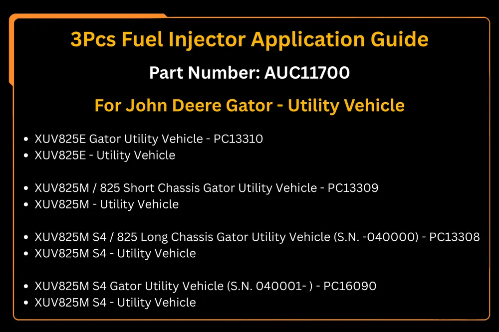 3 unidades injetor de combustível AUC11700 se encaixa para John Deere Gator 835R 18 XUV835M XUV825E XUV835E