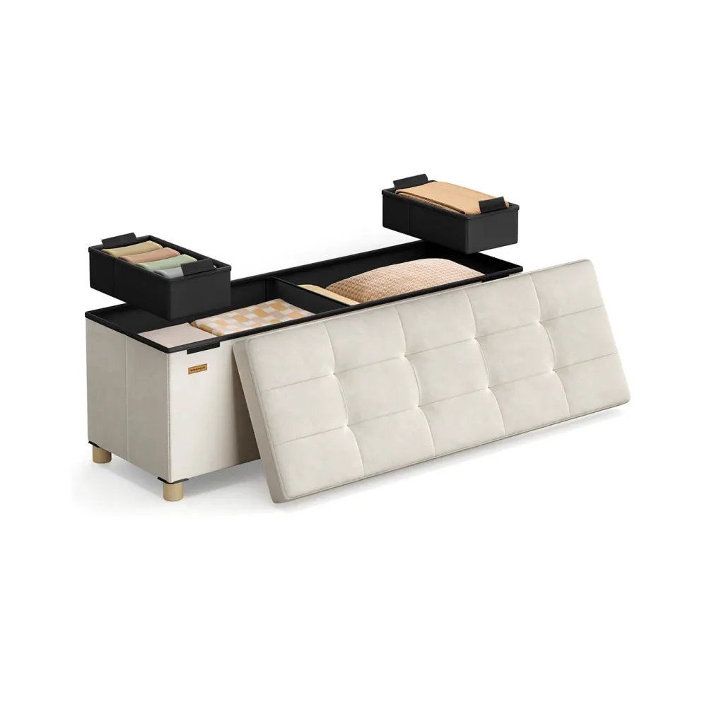 Puff Almacenaje Superficie de Terciopelo Beige SONGMICS