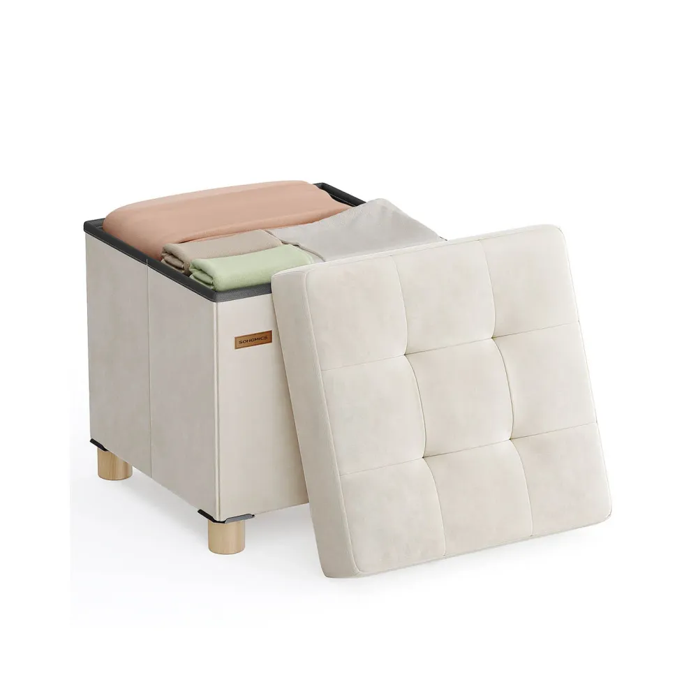 Puff Almacenaje Superficie de Terciopelo Beige SONGMICS