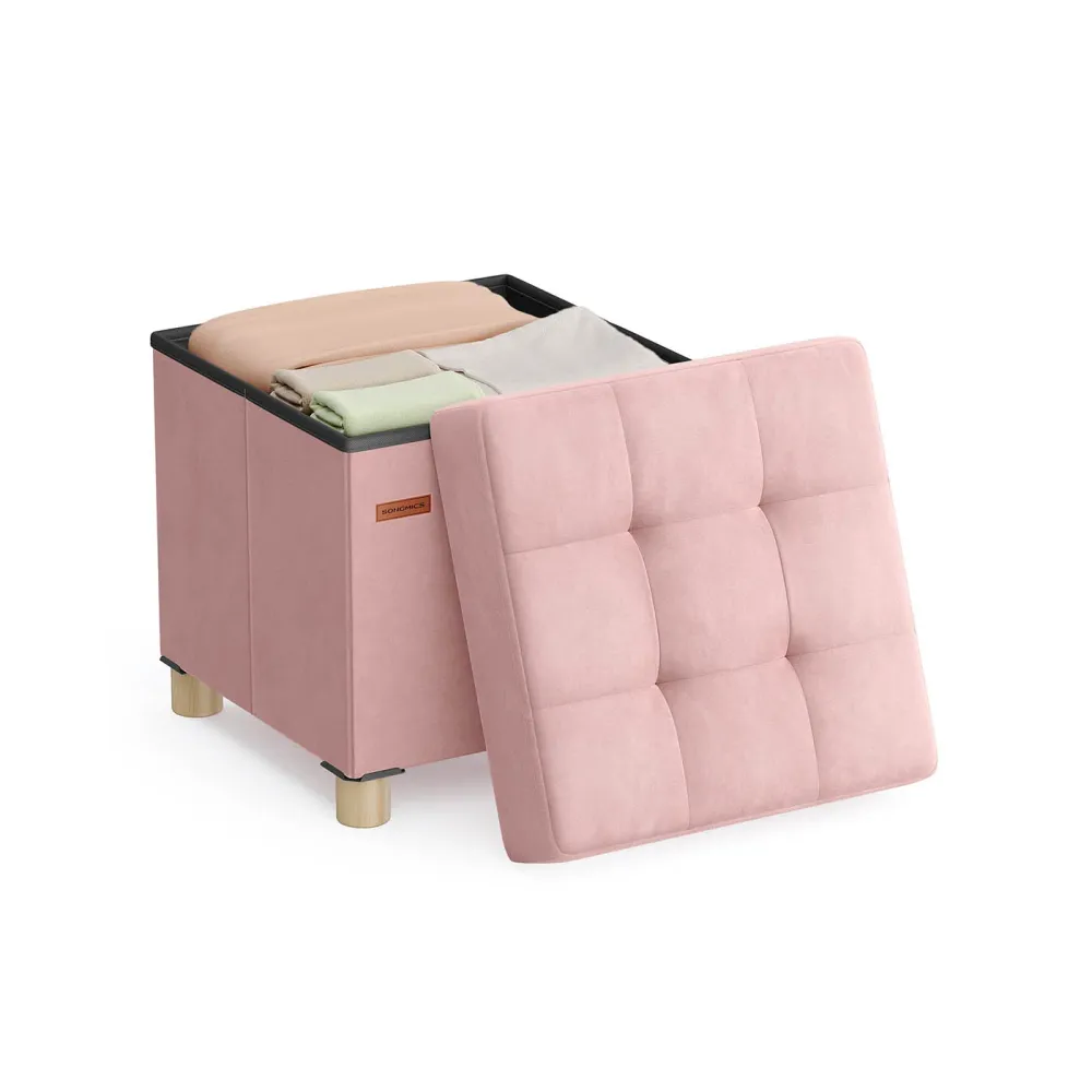 Puff Almacenaje Superficie de Terciopelo Beige SONGMICS