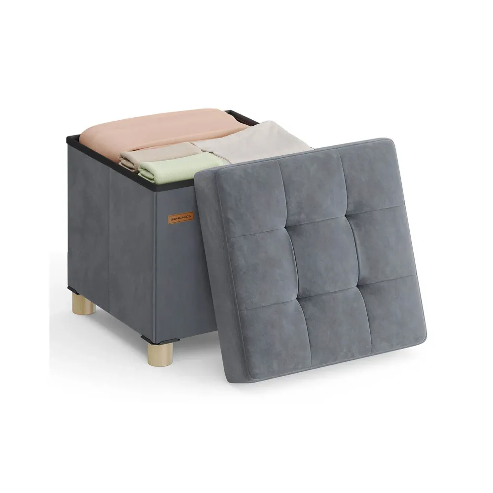 Puff Almacenaje Superficie de Terciopelo Beige SONGMICS