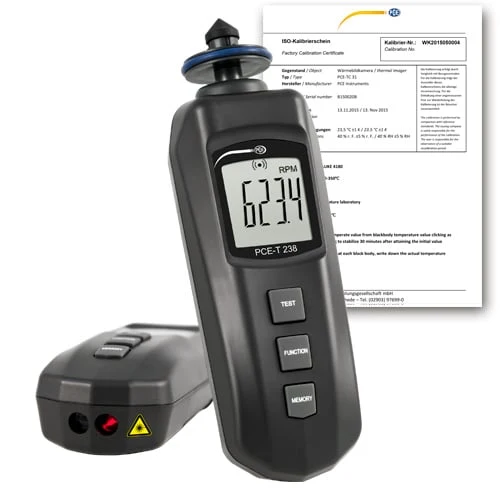 Tacómetro PCE-T 238-ICA com certificado de calibração ISO incluído.