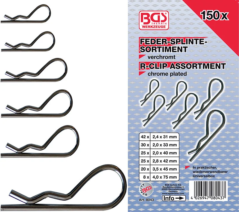 ASSORTIMENTO 150 PEZZI, COPPIGLIE DI SICUREZZA “R-CLIP” BGS8043
