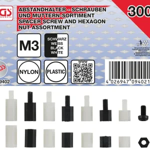 ASSORTIMENTO 300 PEZZI, VITI, DISTANZIALI E DADI NYLON BGS9402