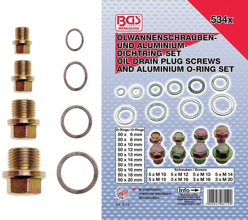 ASSORTIMENTO 534 PEZZI, TAPPI SCARICO OLIO E O-RING ALLUMINIO BGS8119
