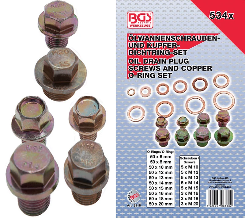 ASSORTIMENTO 534 PEZZI, VITI PER TAPPO DI SCARICO OLIO E O-RING BGS8118