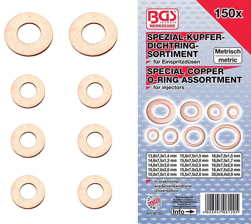 ASSORTIMENTO ANELLI RAME PER INIETTORI, 150 PZ. BGS8120