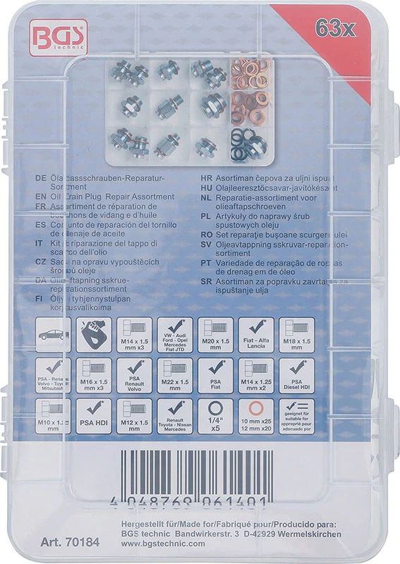 ASSORTIMENTO 63 PEZZI, PER RIPARAZIONE TAPPO DI SCARICO OLIO BGS70184