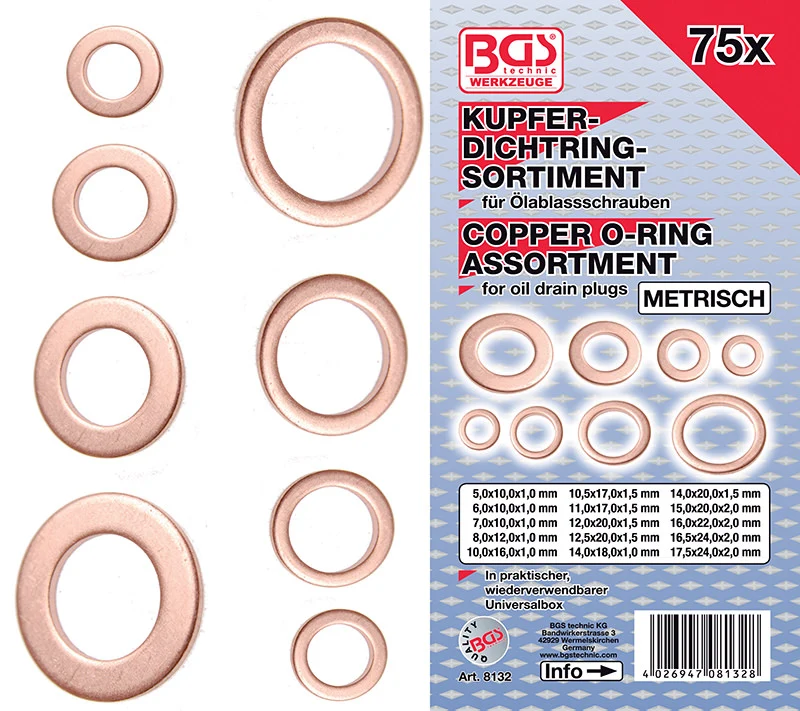 ASSORTIMENTO 75 PEZZI, RONDELLE RAME, MISURE METRICHE, PER TAPPI DI SCARICO OLIO BGS8132