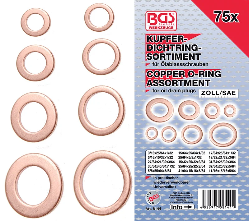 ASSORTIMENTO 75 PEZZI, RONDELLE RAME, POLLICI, PER TAPPI SCARICO OLIO BGS8144