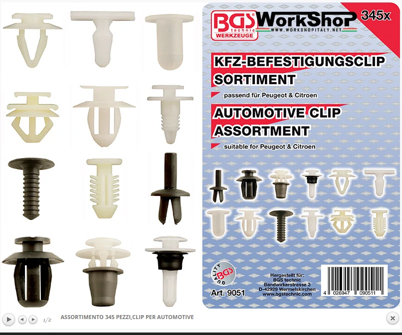Set 345 clip automotive Bgs Fermec BGS9051 Peugeot Mercedes Volvo Citroen Audi Renault Fiat