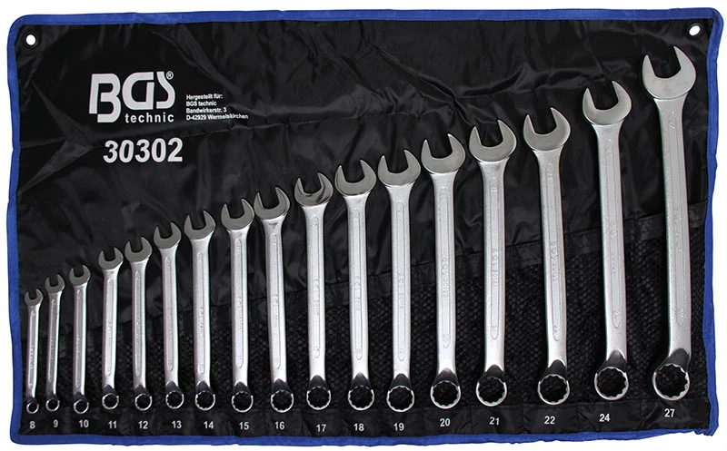 SET 17 PEZZI, CHIAVI COMBINATE BOCCA POLIGONALE CURVA 10°, 8-27 MM BGS30302