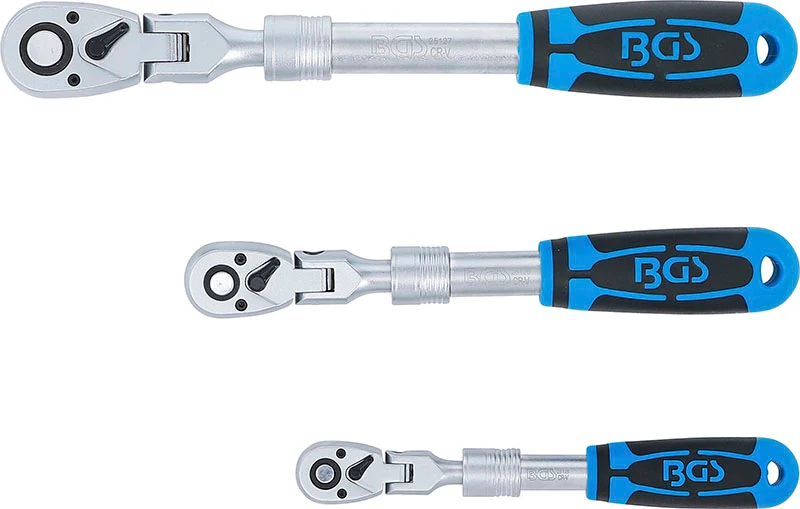 SET 3 PEZZI, CRICCHETTI REVERSIBILI ESTENSIBILI, SNODATI, ATTACCO 1/4” - 3/8” - 1/2” BGS25128