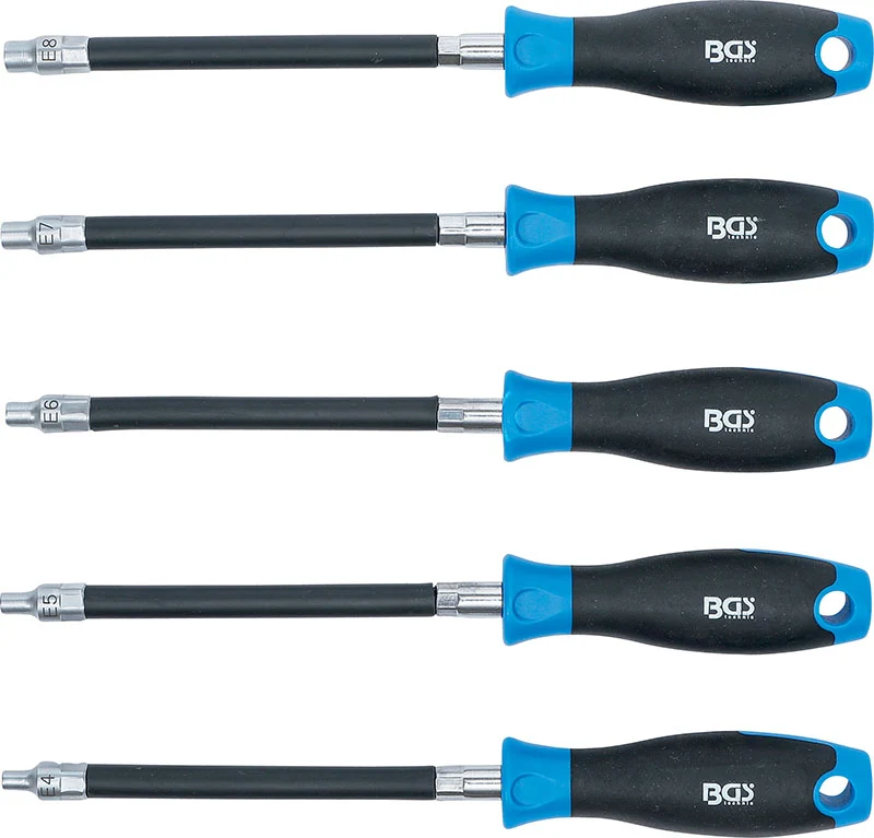 SET 5 PEZZI, IMPUGNATURA TORX FEMMINA FLESSIBILE, E4-E8, LUNGHEZZA LAMA 150 MM BGS70019