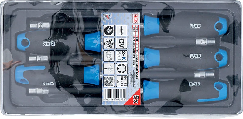 SET 5 PEZZI, IMPUGNATURA TORX FEMMINA FLESSIBILE, E4-E8, LUNGHEZZA LAMA 150 MM BGS70019
