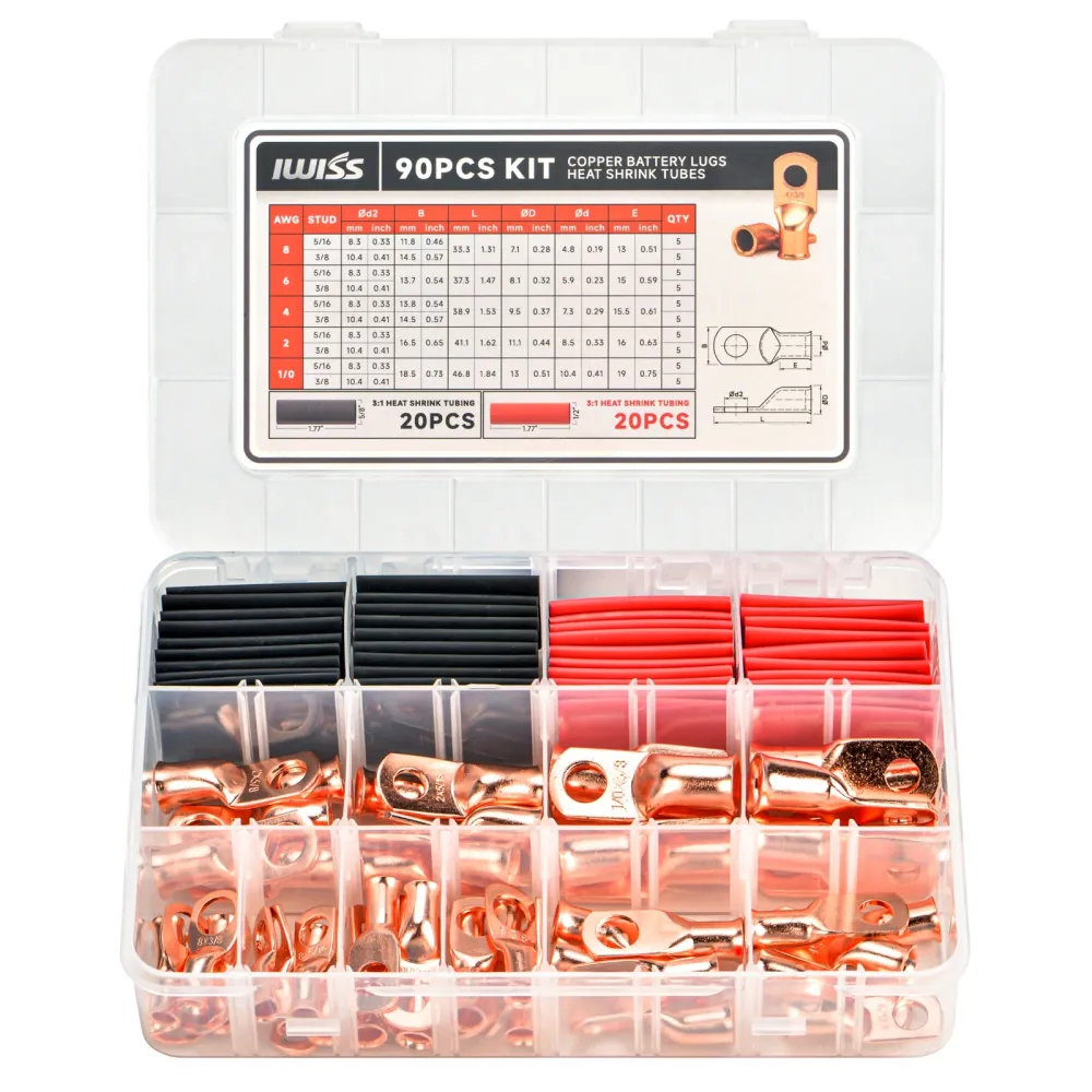 KIT-90C Conjunto de terminais de bateria de cobre para cabos AWG 8, 6, 4, 2, 1/0 com tubos termorretráteis - 90 peças