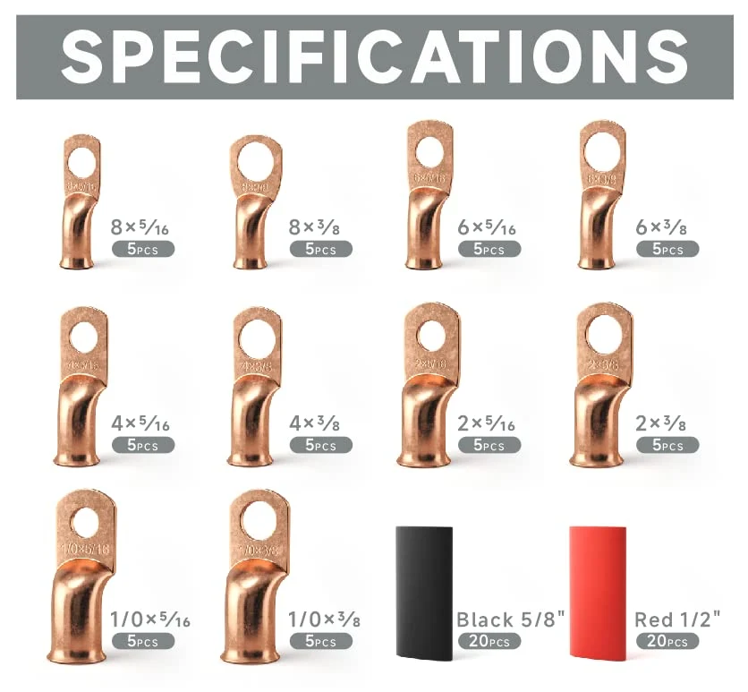 KIT-90C Conjunto de terminais de bateria de cobre para cabos AWG 8, 6, 4, 2, 1/0 com tubos termorretráteis - 90 peças