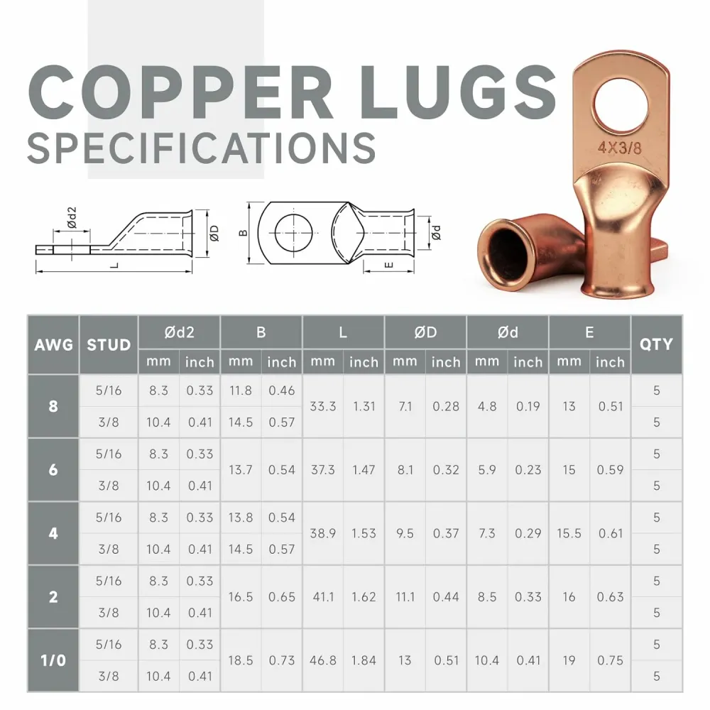 KIT-90C Conjunto de terminais de bateria de cobre para cabos AWG 8, 6, 4, 2, 1/0 com tubos termorretráteis - 90 peças